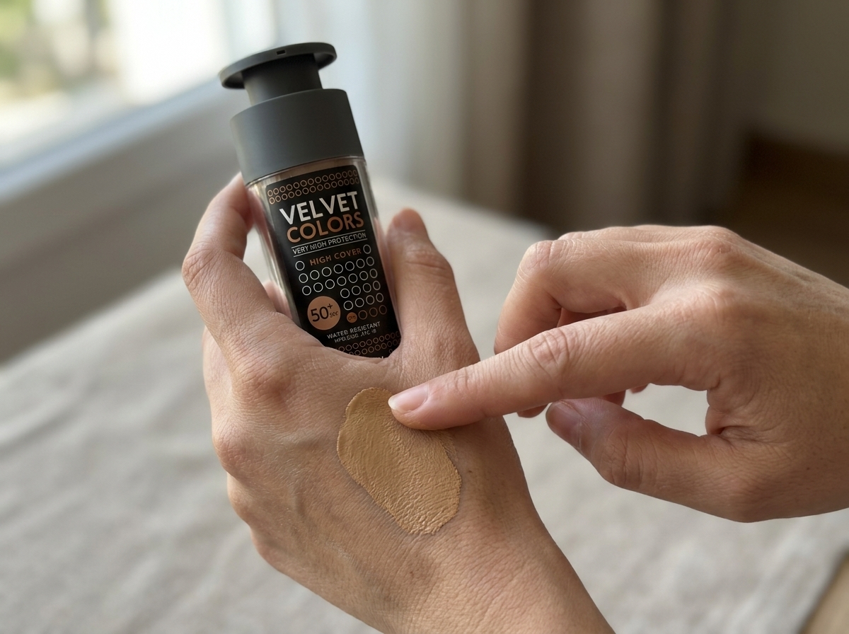 Dorso de la mano con una muestra de VELVET COLORS HIGH COVER Frezyderm