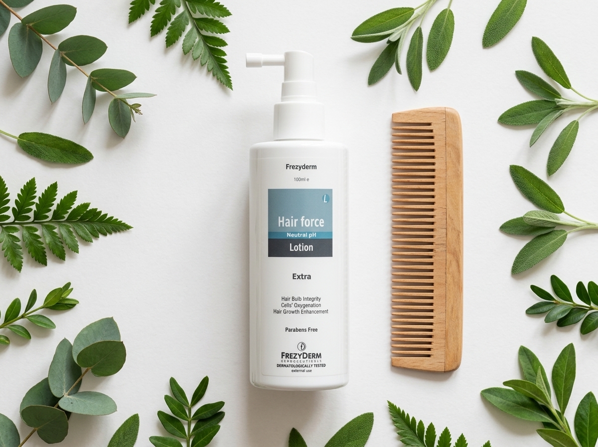 HAIR FORCE LOTION 100 ml Frezyderm junto a hojas verdes y un peine de madera